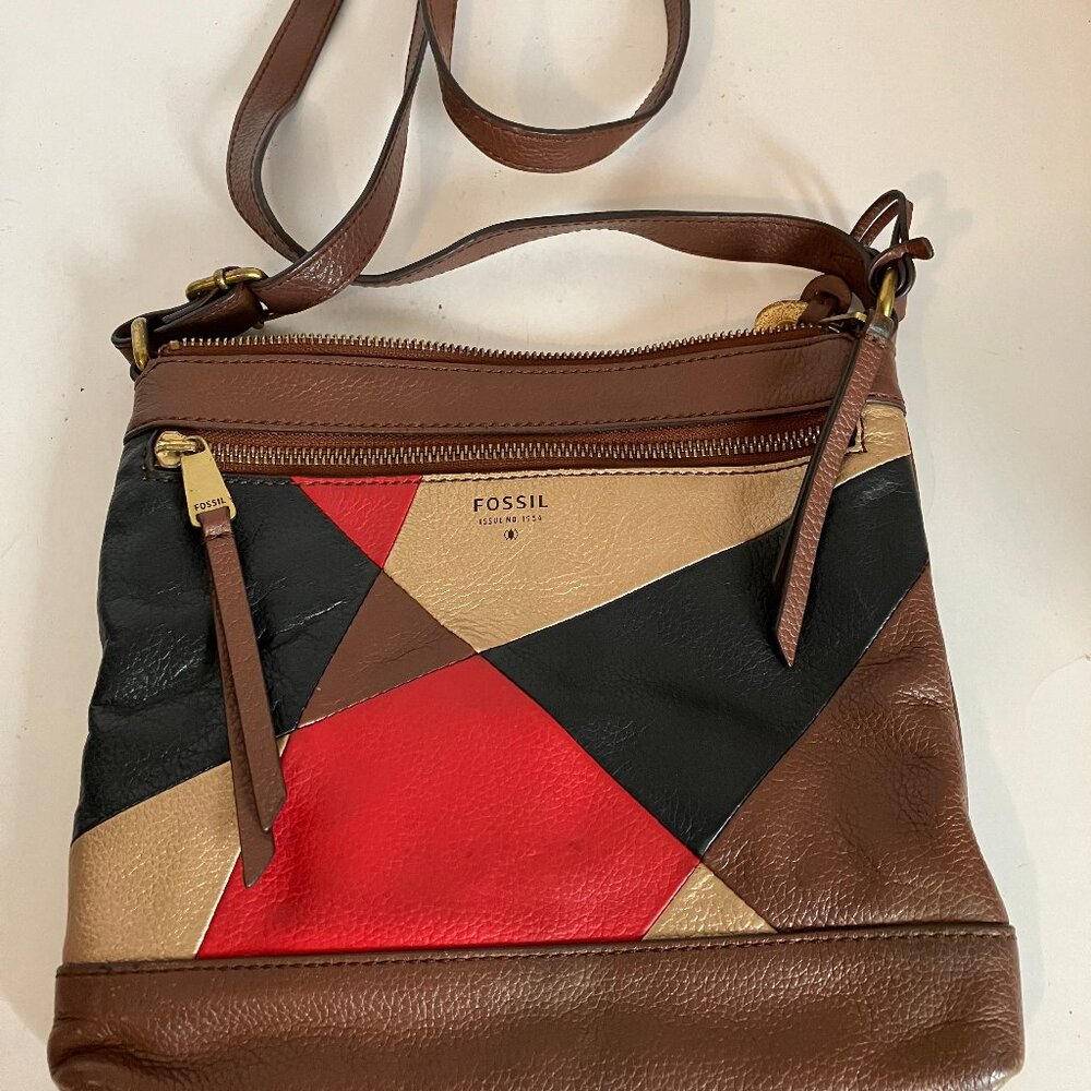Fossil Fiona Color Block Crossbody Leather Bag Handbag Purse Red Black Brown